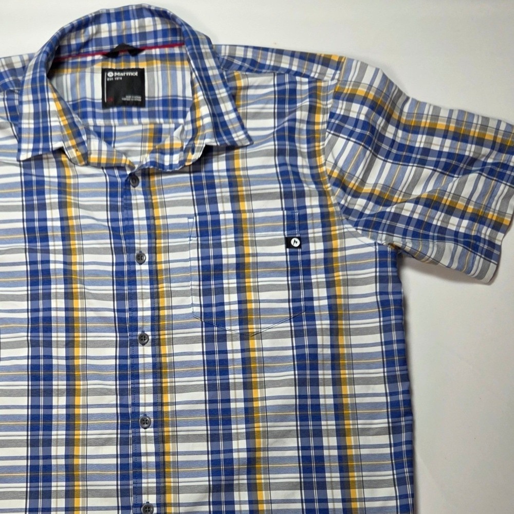 Marmot Mens Large Plaid Short Sleeve Button Up Shirt Hiking Camping Outdoor Blue